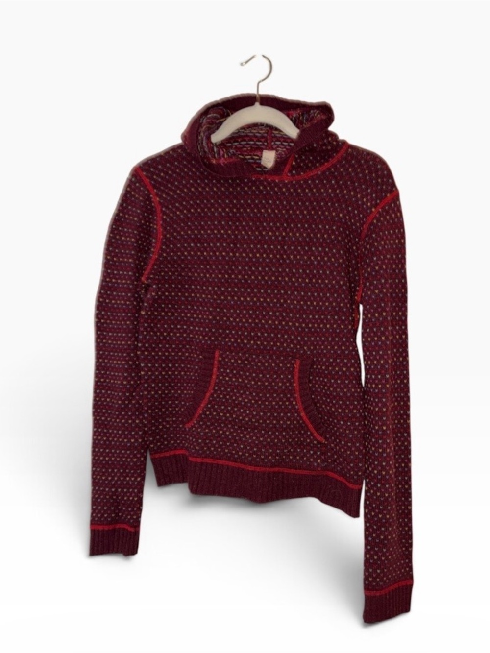 Free People Maroon Hooded Knit Pullover with Red Trim Sz M